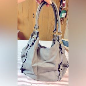 Grey faux suede shoulder bag
